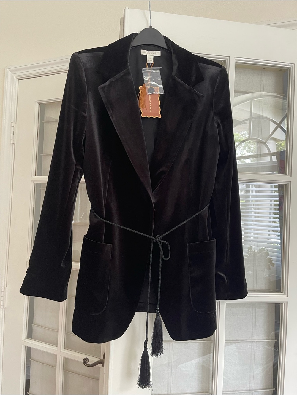 Chelsea & Violet Black Velvet Tie-Belt Blazer